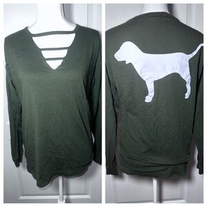 PINK Victoria’s Secret Olive Green Ladder V Neck Long Sleeve Dog Top XS